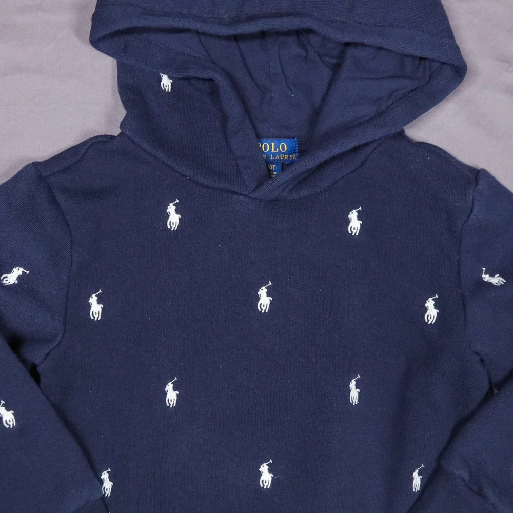 Polo Ralph Lauren Hoodie Kids 4/4T Navy Blue All Over Pony Embroidered Fleece